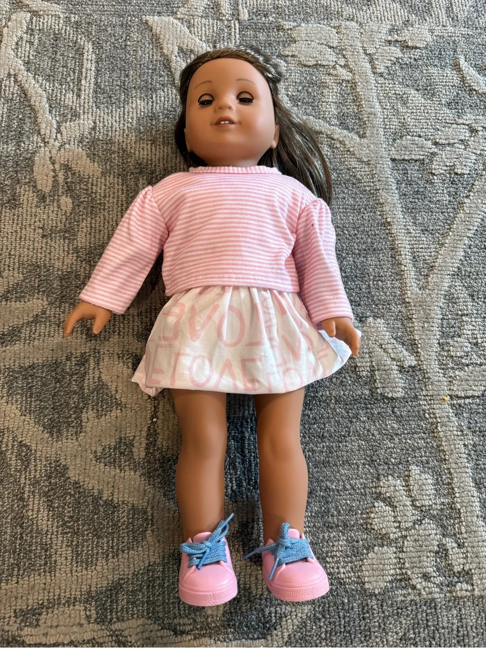 American Girl Pink Striped Top with Pale Pink Lettered Skirt and Pink Shoes